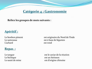 Catégorie 4 : Gastronomie
Reliez les groupes de mots suivants :
Apéritif :
Le bonbon piment est originaire du Nord de l’Inde
Le samoussa est à base de légumes
L’achard est rond
Repas :
Le tangue est le caviar de la réunion
Le bichique est un hérisson
Le sauté de mine est d’origine chinoise
 