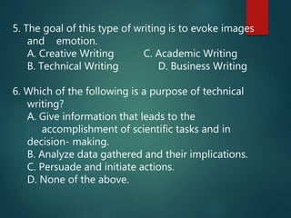 Technical Writing Goals Quizz in eapp technical writing | PPTX