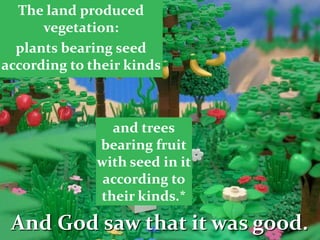 And God saw that it was good.
The land produced
vegetation:
plants bearing seed
according to their kinds
and trees
bearing fruit
with seed in it
according to
their kinds.*
 