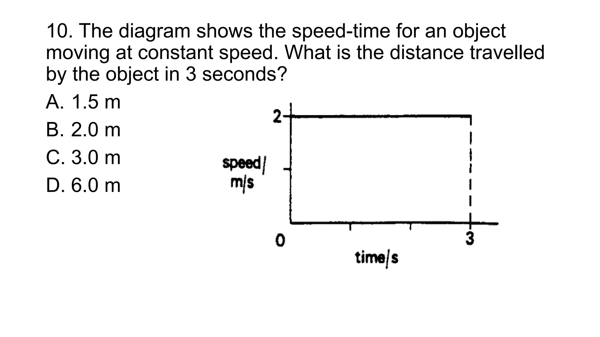 10. The diagram shows the speed-time for an object
moving at constant speed. What is the distance travelled
by the object in 3 seconds?
A. 1.5 m
B. 2.0 m
C. 3.0 m
D. 6.0 m
 
