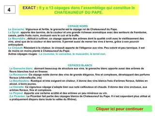 4  EXACT :  Il y a 13 cépages dans l’assemblage qui constitue le CHATEAUNEUF DU PAPE. CEPAGE NOIRS Le Grenache:  Vigoureux et fertile, le grenache est le cépage roi de Chateauneuf du Pape. La Syrah   apporte des tannins, de la couleur et une grande richesse aromatique avec des senteurs de framboise, cassis, petits fruits noirs, évoluant vers le cuir et la truffe. Le Mourvèdre  , délicat à cultiver, ce cépage apporte des arômes dont la qualité croît avec le vieillissement des vins, ainsi que de la couleur et des tannins. Il permet aussi de mener les vins à terme, grâce à son pouvoir antioxydant. Le Cinsault : Résistant à la chaleur, le cinsault apporte de l'élégance aux vins. Peu coloré et peu tannique, il est de moins en moins planté à Chateauneuf du Pape. Autres cépages rouges :  La counoise, le vaccarèse, le muscardin, le terret noir . CEPAGES BLANCS Le Grenache blanc:  donnant beaucoup de structure aux vins, le grenache blanc apporte aussi des arômes de fleurs blanches tout en finesse. La Roussanne:  Ce cépage noble donne des vins de grande élégance, fins et complexes, développant des parfums floraux (chèvrefeuille, iris) Le Bourboulenc:  Rustique et très exigeant en chaleur, il donne des vins blancs frais d'arômes floraux, faibles en alcool, à boire jeunes. La Clairette:  Ce vigoureux cépage s'adapte bien aux sols caillouteux et chauds. Il donne des vins onctueux, aux arômes floraux, fins et complexes. Le Picpoul:  Apporte une certaine acidité et des arômes un peu minéraux au vin. (Le Picardan:  Le Picardan fait partie des cépages blancs de Chateauneuf du Pape. Il n’est cependant plus utilisé et a pratiquement disparu dans toute la vallée du Rhône).  Cliquer ici pour continuer 