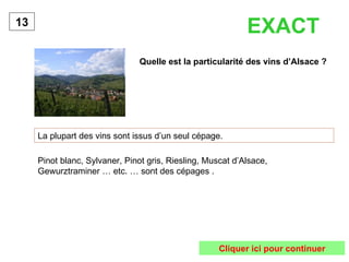 Quelle est la particularité des vins d’Alsace ? La plupart des vins sont issus d’un seul cépage. 13 Pinot blanc, Sylvaner, Pinot gris, Riesling, Muscat d’Alsace, Gewurztraminer … etc. … sont des cépages . EXACT Cliquer ici pour continuer 