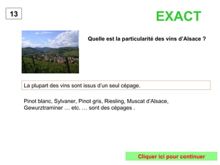 Quelle est la particularité des vins d’Alsace ? La plupart des vins sont issus d’un seul cépage. 13 Pinot blanc, Sylvaner, Pinot gris, Riesling, Muscat d’Alsace, Gewurztraminer … etc. … sont des cépages . EXACT Cliquer ici pour continuer 