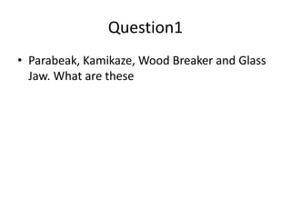 Question1
• Parabeak, Kamikaze, Wood Breaker and Glass
Jaw. What are these
 