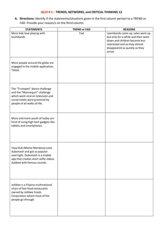 QUIZ # 1 – TRENDS, NETWORKS, and CRITICAL THINKING 12
A. Directions: Identify if the statements/situations given in the first column pertain to a TREND or
FAD. Provide your reason/s on the third column.
STATEMENTS TREND or FAD REASONS
More kids love playing with
loombands
Fad Loombands came up, sales went up
but only for a while and then went
down and children became less
interested and so they almost
disappeared as quickly as they
arrive.
More people around the globe are
engaged in the mobile application,
Tiktok.
The “Trumpets” dance challenge
and the “Mannequin” challenge
which went viral on television and
social media were practiced by
people of all walks of life.
More and more youth of today are
fond of using high tech gadgets like
tablets and smartphones.
Yaya Dub (Maine Mendoza) used
dubsmash and got so popular
overnight. Dubsmash is a mobile
app that creates short selfie videos
dubbed with famous sounds.
Jollibee is a Filipino multinational
chain of fast-food restaurants
owned by Jollibee Foods
Corporation where most of the
people go through.
 