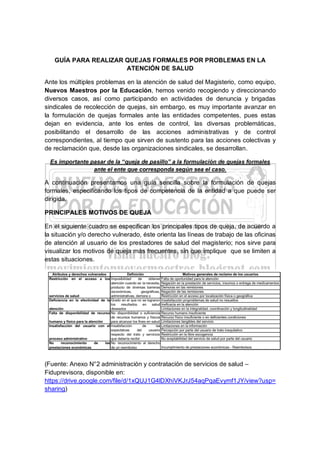 GUÍA PARA REALIZAR QUEJAS FORMALES POR PROBLEMAS EN LA
ATENCIÓN DE SALUD
Ante los múltiples problemas en la atención de salud del Magisterio, como equipo,
Nuevos Maestros por la Educación, hemos venido recogiendo y direccionando
diversos casos, así como participando en actividades de denuncia y brigadas
sindicales de recolección de quejas, sin embargo, es muy importante avanzar en
la formulación de quejas formales ante las entidades competentes, pues estas
dejan en evidencia, ante los entes de control, las diversas problemáticas,
posibilitando el desarrollo de las acciones administrativas y de control
correspondientes, al tiempo que sirven de sustento para las acciones colectivas y
de reclamación que, desde las organizaciones sindicales, se desarrollan.
Es importante pasar de la “queja de pasillo” a la formulación de quejas formales
ante el ente que corresponda según sea el caso.
A continuación presentamos una guía sencilla sobre la formulación de quejas
formales, especificando los tipos de competencia de la entidad a que puede ser
dirigida.
PRINCIPALES MOTIVOS DE QUEJA
En el siguiente cuadro se especifican los principales tipos de queja, de acuerdo a
la situación y/o derecho vulnerado, éste orienta las líneas de trabajo de las oficinas
de atención al usuario de los prestadores de salud del magisterio; nos sirve para
visualizar los motivos de queja más frecuentes, sin que implique que se limiten a
estas situaciones.
(Fuente: Anexo N°2 administración y contratación de servicios de salud –
Fiduprevisora, disponible en:
https://drive.google.com/file/d/1xQUJ1G4lDXhiVKJrJ54aqPqaEvymf1JY/view?usp=
sharing)
 