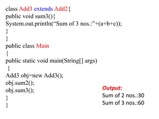 class Add3 extends Add2{
public void sum3(){
System.out.println(“Sum of 3 nos.:”+(a+b+c));
}
}
public class Main
{
public static void main(String[] args)
{
Add3 obj=new Add3();
obj.sum2();
obj.sum3();
}
}
Output:
Sum of 2 nos.:30
Sum of 3 nos.:60
 