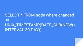 SELECT * FROM node where changed
<=
UNIX_TIMESTAMP(DATE_SUB(NOW(),
INTERVAL 30 DAY))
 