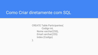 Como Criar diretamente com SQL
CREATE Table Participantes(
Codigo int,
Nome varchar(255),
Email varchar(255)
Index (Codigo)
);
 