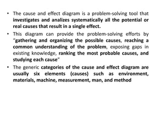 • The cause and effect diagram is a problem-solving tool that
investigates and analizes systematically all the potential or
real causes that result in a single effect.
• This diagram can provide the problem-solving efforts by
“gathering and organizing the possible causes, reaching a
common understanding of the problem, exposing gaps in
existing knowledge, ranking the most probable causes, and
studying each cause”
• The generic categories of the cause and effect diagram are
usually six elements (causes) such as environment,
materials, machine, measurement, man, and method
 
