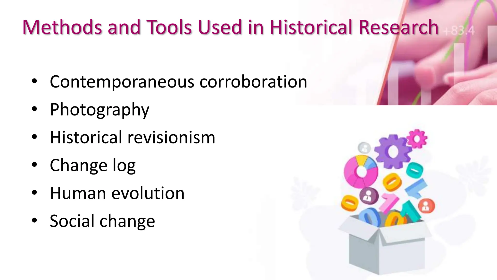 Methods and Tools Used in Historical Research
• Contemporaneous corroboration
• Photography
• Historical revisionism
• Change log
• Human evolution
• Social change
 