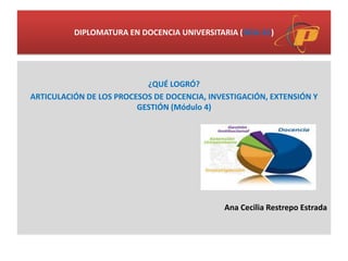 DIPLOMATURA EN DOCENCIA UNIVERSITARIA (DDU-2C)
¿QUÉ LOGRÓ?
ARTICULACIÓN DE LOS PROCESOS DE DOCENCIA, INVESTIGACIÓN, EXTENSIÓN Y
GESTIÓN (Módulo 4)
Ana Cecilia Restrepo Estrada
 