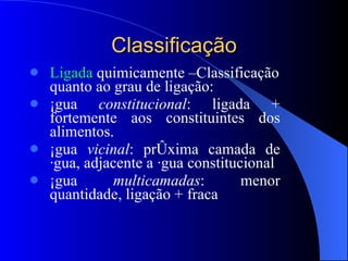 Classificação Ligada  quimicamente –Classificação quanto ao grau de ligação:  Água  constitucional : ligada + fortemente aos constituintes dos alimentos. Água  vicinal : próxima camada de água, adjacente a água constitucional Água  multicamadas : menor quantidade, ligação + fraca 