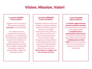 Vogliamo essere un punto di
riferimento per lo sviluppo
javascript su scala nazionale.
In un settore continuo
cambiamento come quello
tecnologico, in cui l'evoluzione è
l'unica costante, vogliamo dare
ai nostri clienti la certezza di
poter cambiare insieme,
sapendo sempre dove andare:
verso il meglio. Il meglio della
tecnologia, il meglio del
processo Agile, il meglio del
valore per il cliente.
La nostra VISION?
Forte e chiara!
La nostra MISSION?
Pura e semplice!
I nostri VALORI?
Nero su bianco
Sviluppare software che facciano
emergere e producano davvero
valore per il cliente, sia per ciò
che sono, un prodotto
tecnologico di altro profilo, sia
per come sono fatti, con un
percorso di partecipazione e
crescita comune. Grazie
all'esperienza di alto profilo dei
nostri programmatori, siamo
sempre sicuri dell'eccellenza
tecnologica delle soluzioni
software che proponiamo.
Ogni progetto un viaggio, non
solo un punto di arrivo.
> curiosità, aggiornamento
costante e apertura mentale
verso tutto ciò che è innovazione
e cultura del progetto
> semplificazione e
ottimizzazione dei processi,
per lavorare sempre in modo
sano, efficiente ed equilibrato
> collaborazione a tutti i
livelli, tra di noi, con il cliente,
insieme ai nostri partner, ai
coworkers e attraverso le
community
Vision, Mission, Valori
 