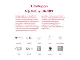 1. Sviluppo
Sviluppiamo bene e ci piace farlo in
modo collaborativo, internamente e
insieme al cliente: mettiamo le nostre
competenze JavaScript (dal frontend al
backend, con AngularJS, NodeJS,
ReactJS, etc.) e le nostre esperienze
nell'integrazione delle nuove tecnologie
al servizio di un flusso di lavoro leggero,
flessibile e funzionale a trasformare
ogni idea in valore, ogni contenuto in
soluzione. Inoltre, grazie alla nostra rete
di partner, siamo in grado di realizzare
anche progetti basati su altre
tecnologie oltre a JS. Copriamo
esigenze anche su altri stack
tecnologici: PHP, Mobile, UX/UI, Ruby,
Python, Java.
angulajs nodejs react ionic react native
androidphp AEMrubyiOS 10
 