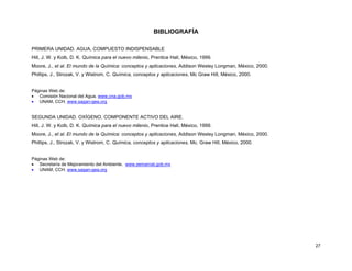 27
BIBLIOGRAFÍA
PRIMERA UNIDAD. AGUA, COMPUESTO INDISPENSABLE
Hill, J. W. y Kolb, D. K. Química para el nuevo milenio, Prentice Hall, México, 1999.
Moore, J., et al. El mundo de la Química: conceptos y aplicaciones, Addison Wesley Longman, México, 2000.
Phillips, J., Strozak, V. y Wistrom, C. Química, conceptos y aplicaciones, Mc Graw Hill, México, 2000.
Páginas Web de:
• Comisión Nacional del Agua. www.cna.gob.mx
• UNAM, CCH. www.sagan-gea.org
SEGUNDA UNIDAD. OXÍGENO, COMPONENTE ACTIVO DEL AIRE.
Hill, J. W. y Kolb, D. K. Química para el nuevo milenio, Prentice Hall, México, 1999.
Moore, J., et al. El mundo de la Química: conceptos y aplicaciones, Addison Wesley Longman, México, 2000.
Phillips, J., Strozak, V. y Wistrom, C. Química, conceptos y aplicaciones, Mc. Graw Hill, México, 2000.
Páginas Web de:
• Secretaría de Mejoramiento del Ambiente. www.semarnat.gob.mx
• UNAM, CCH. www.sagan-gea.org
 