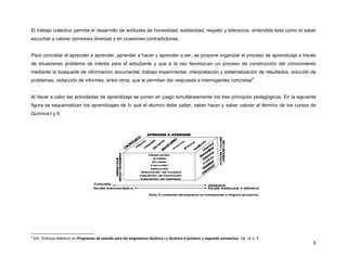 6
El trabajo colectivo permite el desarrollo de actitudes de honestidad, solidaridad, respeto y tolerancia, entendida ésta como el saber
escuchar y valorar opiniones diversas y en ocasiones contradictorias.
Para concretar el aprender a aprender, aprender a hacer y aprender a ser, se propone organizar el proceso de aprendizaje a través
de situaciones problema de interés para el estudiante y que a la vez favorezcan un proceso de construcción del conocimiento
mediante la búsqueda de información documental, trabajo experimental, interpretación y sistematización de resultados, solución de
problemas, redacción de informes, entre otros, que le permitan dar respuesta a interrogantes concretas6
.
Al llevar a cabo las actividades de aprendizaje se ponen en juego simultáneamente los tres principios pedagógicos. En la siguiente
figura se esquematizan los aprendizajes de lo que el alumno debe saber, saber hacer y saber valorar al término de los cursos de
Química I y II.
6
S/A, “Enfoque didáctico” en Programas de estudio para las asignaturas Química I y Química II (primero y segundo semestres). Op. cit. p. 8
Escala molecular o atómicaEscala macroscópica
Concreto Abstracto
Nota: El contenido del esquema no corresponde a ninguna secuencia.
Escala molecular o atómicaEscala macroscópica
Concreto AbstractoConcreto Abstracto
Nota: El contenido del esquema no corresponde a ninguna secuencia.
 