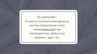 En conclusión :
El suelo es una mezcla heterogénea ya
que esta compuesta por varios
componentes como son
microorganismos, piedras muy
pequeñas , agua, etc.
 
