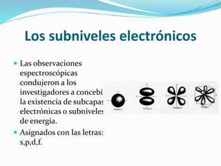 Los subniveles electrónicos
 Las observaciones
espectroscópicas
condujeron a los
investigadores a concebir
la existencia de subcapas
electrónicas o subniveles
de energía.
 Asignados con las letras:
s,p,d,f.
 