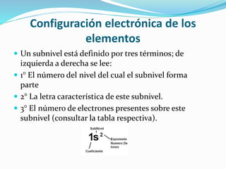 Configuración electrónica de los
elementos
 Un subnivel está definido por tres términos; de
izquierda a derecha se lee:
 1° El número del nivel del cual el subnivel forma
parte
 2° La letra característica de este subnivel.
 3° El número de electrones presentes sobre este
subnivel (consultar la tabla respectiva).
 