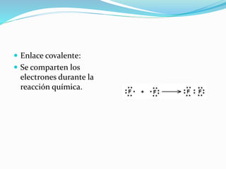  Enlace covalente:
 Se comparten los
electrones durante la
reacción química.
 