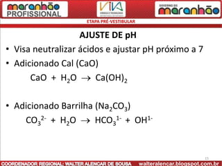 ETAPA PRÉ-VESTIBULAR


                   AJUSTE DE pH
• Visa neutralizar ácidos e ajustar pH próximo a 7
• Adicionado Cal (CaO)
      CaO + H2O        Ca(OH)2

• Adicionado Barrilha (Na2CO3)
    CO32- + H2O       HCO31- + OH1-


                                                                  15
                                           walteralencar.blogspot.com.br
 