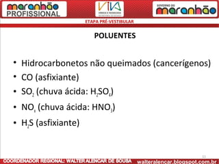 ETAPA PRÉ-VESTIBULAR


                        POLUENTES


• Hidrocarbonetos não queimados (cancerígenos)
• CO (asfixiante)
• SO2 (chuva ácida: H2SO4)
• NOx (chuva ácida: HNO3)
• H2S (asfixiante)


                                                                   11
                                            walteralencar.blogspot.com.br
 