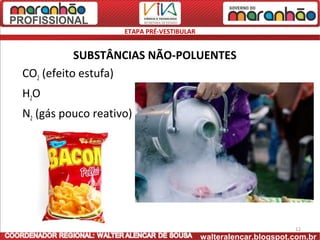 ETAPA PRÉ-VESTIBULAR


           SUBSTÂNCIAS NÃO-POLUENTES
CO2 (efeito estufa)
H2O
N2 (gás pouco reativo)




                                                                  12
                                           walteralencar.blogspot.com.br
 