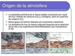 Origen de la atmósfera La atmósfera primitiva de la Tierra estaba compuesta por vapor de H 2 O, dióxido de carbono (CO 2 ) y nitrógeno, pero en ausencia de oxígeno (O 2 ). Estos gases se habrían liberado por erupciones volcánicas. La atmósfera de hoy se habría originado después de la aparición de la vida y los organismos fotosintetizadores que incorporaron el O2. 
