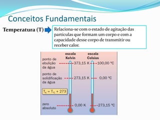 Conceitos Fundamentais
Temperatura (T)

Relaciona-se com o estado de agitação das
partículas que formam um corpo e com a
capacidade desse corpo de transmitir ou
receber calor.

 