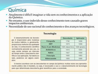 Química
 Atualmente é difícil imaginar a vida sem os conhecimentos e a aplicação

da Química.
 No entanto, o uso indevido desse conhecimento tem causado graves
impactos ambientais.
 Necessidade de uso racional do conhecimento e dos avanços tecnológicos.

 
