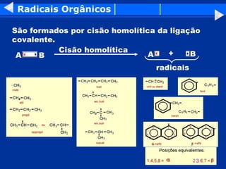 Radicais Orgânicos São formados por cisão homolítica da ligação covalente. radicais A B Cisão homolítica A B + 