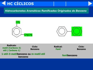 HC CÍCLICOS fenil benzeno 1-etil-3-metil benzeno ou  m-metil etil  benzeno Ciclo: Benzeno Radical: Fenil Ciclo: Benzeno Radicais: metil (Carbono 3) etil ( Carbono 1) Hidrocarbonetos Aromáticos Ramificados Originados do Benzeno 