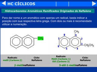 HC CÍCLICOS Para dar nome a um aromático com apenas um radical, basta indicar a posição com sua respectiva letra grega. Com dois ou mais é recomendado utilizar a numeração. 3-etil-1-metil naftaleno  -metil naftaleno Ciclo: Naftaleno Radicais: Metil (Carbono 1) Etil (Carbono 3) Ciclo: Naftaleno Radicais: metil (Carbono   ) Hidrocarbonetos Aromáticos Ramificados Originados do Naftaleno 