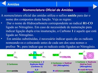 Amidas A nomenclatura oficial das amidas utiliza o sufixo  amida  para dar o nome dos compostos desta função. Veja as regras: Dar o nome do Hidrocarboneto correspondente ao radical  R1-CO  ligado ao Nitrogênio. Em caso de necessidade de numeração para indicar ligação dupla e/ou insaturação, o Carbono  1  é aquele que está ligado ao Nitrogênio.  Em amidas substituídas, é necessário indicar quais são os radicais nomeando-os e colocando antes de cada um dos seus nomes o prefixo  N- , para indicar que os radicais estão ligados ao Nitrogênio.   Nomenclatura Oficial de Amidas N- metil - N- fenil - metano amida N- etil etano amida 3,3-dimetil butano amida etano amida 1 Carbono  +  Radicais   Metil  e  Fenil   (Nitrogênio) 2 Carbonos  +  Radical Etil   (Nitrogênio) 4 Carbonos  +  2 Radicais Metil (Carbono 3) 2 Carbonos                                                                                                                                                                                                                                                                                            