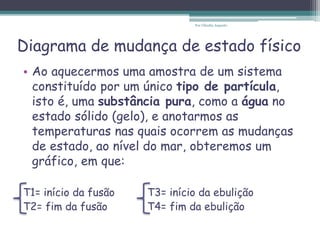 Diagrama de mudança de estado físico
• Ao aquecermos uma amostra de um sistema
constituído por um único tipo de partícula,
isto é, uma substância pura, como a água no
estado sólido (gelo), e anotarmos as
temperaturas nas quais ocorrem as mudanças
de estado, ao nível do mar, obteremos um
gráfico, em que:
T1= início da fusão T3= início da ebulição
T2= fim da fusão T4= fim da ebulição
Por Cláudia Augusto
 