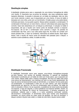 Destilação simples

A destilação simples serve para a separação de uma mistura homogênea de sólido
com líquido. É importante que os pontos de ebulição das duas substâncias sejam
bastante diferentes. A solução é colocada em um balão de destilação, feito de vidro
com fundo redondo e plano, que é esquentado por uma chama. A boca do balão é
tampada com uma rolha, junto com um termômetro. O balão possui uma saída lateral,
inclinada para baixo, na sua parte superior. Nessa saída é acoplado o condensador. O
condensador é formado por um duto interno, onde em volta desse duto passa água fria
corrente. Esse duto desemboca em um béquer ou erlenmeyer. A solução no balão é
esquentada, até que o líquido com menor ponto de ebulição comece a evaporar.
Ao evaporar, ele só tem o condensador como caminho a seguir. As paredes do
condensador são frias, pois a sua volta passa água fria. Ao entrar em contato com
essas paredes frias, o vapor se condensa, retornando ao estado líquido. Após algum
tempo, todo o líquido de menor ponto de ebulição terá passado para o béquer, e
sobrará a outra substância, sólida, no balão de vidro.




Destilação Fracionada
A destilação fracionada serve para separar uma mistura homogênea composta
por dois líquidos, com pontos de ebulição diferentes. O aparato de destilação
fracionada é constituído por um balão de vidro com fundo plano, que é aquecido por
uma chama. Nesse balão está a mistura homogênea. Na boca do balão está presa
uma coluna de fracionamento, com bolinhas de vidro no seu fundo (geralmente). No
topo da coluna de fracionamento está um termômetro, e na lateral, há uma saída para
um condensador. O condensador é feito por um tubo interior, que será envolvido
externamente por água fria. Ao final do condensador está um béquer. No balão de
vidro é colocada a mistura. Ao ser aquecido, a substância de menor ponto de ebulição
irá evaporar, e logo em seguida, a outra substância vai evaporar também. Porém, ao
encostar-se às bolinhas da coluna de fracionamento, a primeira substância vai
condensar, voltando para o balão, e a outra substância continuará subindo,
até encontrar o condensador. O termômetro serve para manter uma temperatura
constante, um pouco acima do maior ponto de ebulição. Ao final do processo, o
béquer conterá o líquido mais volátil, e o balão de vidro terá o líquido menos volátil.
 