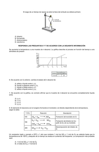 Si luego de un tiempo de reposo se abre la llave del embudo se obtiene primero
A. tolueno
B. formamida
C. diclorometano
D. cloroformo
RESPONDA LAS PREGUNTAS 6 Y 7 DE ACUERDO CON LA SIGUIENTE INFORMACIÓN
Se aumenta la temperatura a una muestra de n-decanol. La gráfica describe el proceso en función del tiempo a una
atmósfera de presión
6. De acuerdo con lo anterior, cambia el estado del n-decanol de
A. sólido a líquido entre t1 y t2
B. líquido a gaseoso entre t3 y t4
C. líquido a sólido entre t0 y t1
D. sólido a líquido entre t3 y t4
7. De acuerdo con la gráfica, es correcto afirmar que la muestra de n-decanol se encuentra completamente líquida
entre
A. t0 y t1
B. t1 y t2
C. t2 y t3
D. t4 y t5
8. El elemento Q reacciona con el oxígeno formando el monóxido o el dióxido dependiendo de la temperatura,
según la tabla:
Un recipiente rígido y cerrado a 25ºC y 1 atm que contiene 1 mol de QO2 y 1 mol de O2 se calienta hasta que la
temperatura es de 100ºC y después de un tiempo se analiza el contenido del recipiente. La composición más probable
será
A. 1 mol de QO2 y 1 mol de O2
B. 2 moles de O2 y 1 mol de Q
 