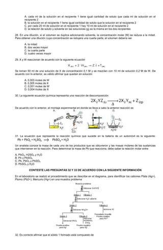 A. cada ml de la solución en el recipiente 1 tiene igual cantidad de soluto que cada ml de solución en el
recipiente 2
B. la solución en el recipiente 1 tiene igual cantidad de soluto que la solución en el recipiente 2
C. por cada 20 ml de solución en el recipiente 1 hay 10 ml de solución en el recipiente 2
D. la relación de soluto y solvente en las soluciones no es la misma en los dos recipientes
28. En una dilución, si el volumen se duplica adicionando solvente, la concentración molar (M) se reduce a la mitad.
Para obtener una dilución cuya concentración se redujera una cuarta parte, el volumen debería ser
A. la mitad
B. dos veces mayor
C. la cuarta parte
D. cuatro veces mayor
29. X y W reaccionan de acuerdo con la siguiente ecuación
Se toman 50 ml de una solución de X de concentración 0,1 M y se mezclan con 10 ml de solución 0,2 M de W. De
acuerdo con lo anterior, es válido afirmar que quedan en solución
A. 0,003 moles de W
B. 0,005 moles de X
C. 0,001 moles de W
D. 0,004 moles de X
30. La siguiente ecuación química representa una reacción de descomposición
De acuerdo con lo anterior, el montaje experimental en donde se lleva a cabo la anterior reacción es
31. La ecuación que representa la reacción química que sucede en la batería de un automóvil es la siguiente:
Un analista conoce la masa de cada uno de los productos que se obtuvieron y las masas molares de las sustancias
que intervienen en la reacción. Para determinar la masa de Pb que reacciona, debe saber la relación molar entre
A. PbO2, H2SO4 y H2O
B. Pb y PbSO4
C. Pb, PbO2 y PbSO4
D. PbSO4 y H2O
CONTESTE LAS PREGUNTAS 32 Y 33 DE ACUERDO CON LA SIGUIENTE INFORMACIÓN
En el laboratorio se realizó el procedimiento que se describe en el diagrama, para identificar los cationes Plata (Ag+),
Plomo (Pb2+), Mercurio (Hg+) en una muestra problema
32. Es correcto afirmar que el sólido 1 formado está compuesto de
 