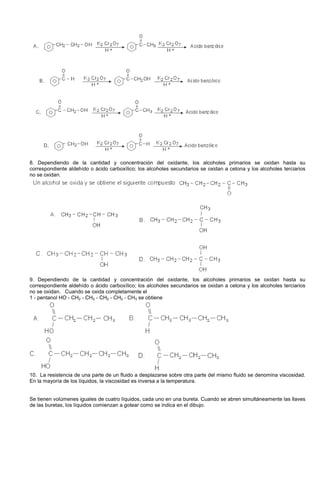 8. Dependiendo de la cantidad y concentración del oxidante, los alcoholes primarios se oxidan hasta su
correspondiente aldehído o ácido carboxílico; los alcoholes secundarios se oxidan a cetona y los alcoholes terciarios
no se oxidan.
9. Dependiendo de la cantidad y concentración del oxidante, los alcoholes primarios se oxidan hasta su
correspondiente aldehído o ácido carboxílico; los alcoholes secundarios se oxidan a cetona y los alcoholes terciarios
no se oxidan. Cuando se oxida completamente el
1 - pentanol HO - CH2 - CH2 - CH2 - CH2 - CH3 se obtiene
10. La resistencia de una parte de un fluido a desplazarse sobre otra parte del mismo fluido se denomina viscosidad.
En la mayoría de los líquidos, la viscosidad es inversa a la temperatura.
Se tienen volúmenes iguales de cuatro líquidos, cada uno en una bureta. Cuando se abren simultáneamente las llaves
de las buretas, los líquidos comienzan a gotear como se indica en el dibujo.
 
