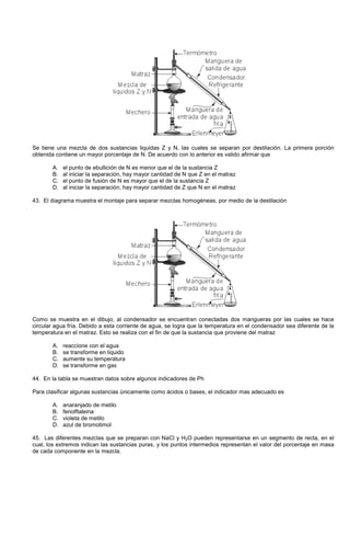 Se tiene una mezcla de dos sustancias liquidas Z y N, las cuales se separan por destilación. La primera porción
obtenida contiene un mayor porcentaje de N. De acuerdo con lo anterior es valido afirmar que
A. el punto de ebullición de N es menor que el de la sustancia Z
B. al iniciar la separación, hay mayor cantidad de N que Z en el matraz
C. el punto de fusión de N es mayor que el de la sustancia Z
D. al iniciar la separación, hay mayor cantidad de Z que N en el matraz
43. El diagrama muestra el montaje para separar mezclas homogéneas, por medio de la destilación
Como se muestra en el dibujo, al condensador se encuentran conectadas dos mangueras por las cuales se hace
circular agua fría. Debido a esta corriente de agua, se logra que la temperatura en el condensador sea diferente de la
temperatura en el matraz. Esto se realiza con el fin de que la sustancia que proviene del matraz
A. reaccione con el agua
B. se transforme en liquido
C. aumente su temperatura
D. se transforme en gas
44. En la tabla se muestran datos sobre algunos indicadores de Ph
Para clasificar algunas sustancias únicamente como ácidos o bases, el indicador mas adecuado es
A. anaranjado de metilo
B. fenolftaleina
C. violeta de metilo
D. azul de bromotimol
45. Las diferentes mezclas que se preparan con NaCl y H2O pueden representarse en un segmento de recta, en el
cual, los extremos indican las sustancias puras, y los puntos intermedios representan el valor del porcentaje en masa
de cada componente en la mezcla.
 