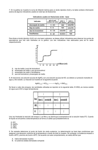 7. En la grafica se muestra la curva de titilación teórica para un ácido diprotico (H2X) y la tabla contiene información
acerca de algunos indicadores usados en este tipo de titulaciones
Para titular el ácido diprotico (H2X) con una base cualquiera, se desea utilizar indicadores para observar los puntos de
equivalencia que han sido ilustrados en la grafica. Los dos indicadores mas adecuados para tal fin serán
respectivamente
A. rojo de metilo y azul de bromotimol
B. anaranjado de metilo y azul de bromotimol
C. anaranjado de metilo y fenolftaleina
D. azul de bromotimol y anaranjado de metilo
8. Al reaccionar una solución acuosa de AgNO3 con una solución acuosa de KCl, se obtiene un producto insoluble en
agua y otro soluble. La reacción se muestra en la siguiente ecuación
AgNO3 (ac) + KCl(ac) ---------> AgCl(s) + KNO3(ac)
Se llevan a cabo dos ensayos, las cantidades utilizadas se reportan en la siguiente tabla. El KNO3 es menos soluble
en agua que el KCl a bajas temperaturas
Una vez finalizada la reacción del ensayo 2, se filtra y se disminuye la temperatura de la solución hasta 5
o
C. Cuando
él líquido se encuentra a esta temperatura se forma un sólido que probablemente es
A. KCI
B. AgNO3
C. AgCI
D. KNO3
9. Se necesita determinar el punto de fusión de cierta sustancia. La determinación se hace bajo condiciones que
aseguran una elevación uniforme de la temperatura a través de toda la muestra. Sin embargo, la sustancia empezó a
fundir a 85
o
C y termino de fundir a 95
o
C. De acuerdo con este comportamiento, es valido afirmar que
A. había demasiada muestra
B. la sustancia estaba demasiado compacta
 