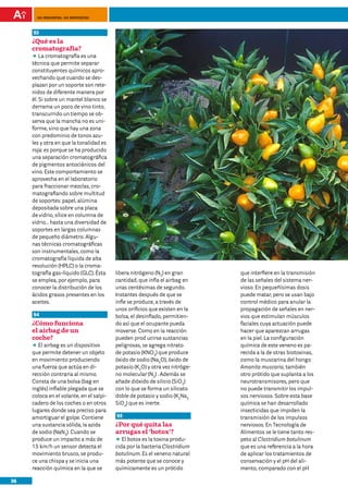 100 preguntas, 100 respuestas



     93
     ¿Qué es la
     cromatografía?
     DD cromatografía es una
         La
     técnica que permite separar
     constituyentes químicos apro-
     vechando que cuando se des-
     plazan por un soporte son rete-
     nidos de diferente manera por
     él. Si sobre un mantel blanco se
     derrama un poco de vino tinto,
     transcurrido un tiempo se ob-
     serva que la mancha no es uni-
     forme, sino que hay una zona
     con predominio de tonos azu-
     les y otra en que la tonalidad es
     roja: es porque se ha producido
     una separación cromatográfica
     de pigmentos antociánicos del
     vino. Este comportamiento se
     aprovecha en el laboratorio
     para fraccionar mezclas, cro-
     matografiando sobre multitud
     de soportes: papel, alúmina
     depositada sobre una placa
     de vidrio, sílice en columna de
     vidrio… hasta una diversidad de
     soportes en largas columnas
     de pequeño diámetro. Algu-
     nas técnicas cromatográficas
     son instrumentales, como la
     cromatografía líquida de alta
     resolución (HPLC) o la croma-
     tografía gas-líquido (GLC). Ésta     libera nitrógeno (N2) en gran       que interfiere en la transmisión
     se emplea, por ejemplo, para         cantidad, que infla el airbag en    de las señales del sistema ner-
     conocer la distribución de los       unas centésimas de segundo.         vioso. En pequeñísimas dosis
     ácidos grasos presentes en los       Instantes después de que se         puede matar, pero se usan bajo
     aceites.                             infle se produce, a través de       control médico para anular la
                                          unos orificios que existen en la    propagación de señales en ner-
     94                                   bolsa, el desinflado, permitien-    vios que estimulan músculos
     ¿Cómo funciona                       do así que el ocupante pueda        faciales cuya actuación puede
     el airbag de un                      moverse. Como en la reacción        hacer que aparezcan arrugas
     coche?                               pueden prod ucirse sustancias       en la piel. La configuración
     DD airbag es un dispositivo
        El                                peligrosas, se agrega nitrato       química de este veneno es pa-
     que permite detener un objeto        de potasio (KNO3) que produce       recida a la de otras biotoxinas,
     en movimiento produciendo            óxido de sodio (Na2O), óxido de     como la muscarina del hongo
     una fuerza que actúa en di-          potasio (K2O) y otra vez nitróge-   Amanita muscaria, también
     rección contraria al mismo.          no molecular (N2) . Además se       otro prótido que suplanta a los
     Consta de una bolsa (bag en          añade dióxido de silicio (SiO2)     neurotransmisores, pero que
     inglés) inflable plegada que se      con lo que se forma un silicato     no puede transmitir los impul-
     coloca en el volante, en el salpi-   doble de potasio y sodio (K2Na2     sos nerviosos. Sobre esta base
     cadero de los coches o en otros      SiO4) que es inerte.                química se han desarrollado
     lugares donde sea preciso para                                           insecticidas que impiden la
     amortiguar el golpe. Contiene        95                                  transmisión de los impulsos
     una sustancia sólida, la azida       ¿Por qué quita las                  nerviosos. En Tecnología de
     de sodio (NaN3). Cuando se           arrugas el ‘botox’?                 Alimentos se le tiene tanto res-
     produce un impacto a más de          DD botox es la toxina produ-
                                             El                               peto al Clostridium botulinum
     15 km/h un sensor detecta el         cida por la bacteria Clostridium    que es una referencia a la hora
     movimiento brusco, se produ-         botulinum. Es el veneno natural     de aplicar los tratamientos de
     ce una chispa y se inicia una        más potente que se conoce y         conservación y el pH del ali-
     reacción química en la que se        químicamente es un prótido          mento, comparado con el pH

36
 