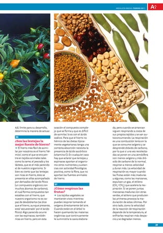 anDalUCÍa innOVa. FEBRERO 2011




4,6, límite para su desarrollo,      ocasión el compuesto comple-       da, pero cuando se arrancan
determina la manera de actuar.       jo que se forma y que es difícil   siguen respirando a costa de
                                     de asimilar, lo es con el ácido    sus propios tejidos y se van au-
96                                   oxálico. Para que el hierro no     toconsumiendo. La respiración
¿Son las lentejas la                 hémico de las dietas típica-       es una combustión lenta en la
mejor fuente de hierro?              mente vegetarianas tenga una       que se consume oxígeno y se
DD hierro más fácil de asimi-
    El                               correcta absorción necesita la     desprende dióxido de carbono,
lar por nosotros es el hierro ‘hé-   presencia de ácido ascórbico       por lo que si una vez recolecta-
mico’, como el que se encuen-        (vitamina C). En cualquier caso    das se ponen en una atmósfera
tra en tejidos animales tales        hay que aclarar que lentejas y     con menos oxígeno y más dió-
como la carne, el pescado y los      espinacas aportan al organis-      xido de carbono de lo normal,
lácteos, que es el más parecido      mo otros nutrientes y sustan-      respiran a menos velocidad
al de nuestro organismo. Si          cias con actividad fisiológica     y duran más. La velocidad de
bien es cierto que las lentejas      positiva, como la fibra, que no    respiración es mayor cuando
son ricas en hierro, éste se         aportan las fuentes animales       las frutas están más maduras
presenta en ellas acompañado         de hierro.                         y algunas, como las manzanas,
por derivados del ácido fítico                                          expulsan un gas, el etileno
(un compuesto orgánico con           97                                 (CH2=CH2), que acelera la res-
muchos átomos de carbono),           ¿Cómo respiran las                 piración. Si se ponen juntas
el cual forma compuestos tan         frutas?                            manzanas maduras con otras
estables con el hierro, que          DD tejidos vegetales se
                                        Los                             verdes, el etileno que producen
nuestro organismo no es ca-          mantienen vivos mientras           las primeras provoca la ma-
paz de desdoblarlos (se dice         puedan respirar tomando el         duración de estas últimas. Por
que el hierro, aunque presente,      oxígeno directamente del aire.     otro lado, como la velocidad
está ‘secuestrado’ por el ácido      Cuando están en el árbol lo        de la reacción de respiración
fítico). Algo parecido ocurre        hacen quemando las materias        depende de la temperatura, al
con las espinacas, también           orgánicas que continuamente        enfriarlas respiran más despa-
ricas en hierro, pero en esta        le suministra la savia elabora-    cio y se degradan menos.

                                                                                                            37
 