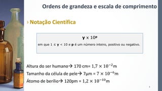 Ordens de grandeza e escala de comprimento
› Notação Científica
Altura do ser humano 170 cm= 1,7 × 10−2
m
Tamanho da célula de pele 7µm = 7 × 10−6
m
Átomo de berílio 120pm = 1,2 × 10−10m
y x 10p
em que 1 ≤ y < 10 e p é um número inteiro, positivo ou negativo.
3
 