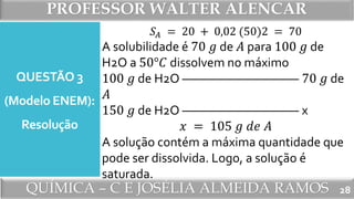 PROFESSOR WALTER ALENCAR
QUÍMICA – C E JOSÉLIA ALMEIDA RAMOS
QUESTÃO 3
(Modelo ENEM):
Resolução
28
𝑆𝐴 = 20 + 0,02 (50)2 = 70
A solubilidade é 70 𝑔 de 𝐴 para 100 𝑔 de
H2O a 50°𝐶 dissolvem no máximo
100 𝑔 de H2O –––––––––––––––––– 70 𝑔 de
𝐴
150 𝑔 de H2O –––––––––––––––––– x
𝑥 = 105 𝑔 𝑑𝑒 𝐴
A solução contém a máxima quantidade que
pode ser dissolvida. Logo, a solução é
saturada.
 