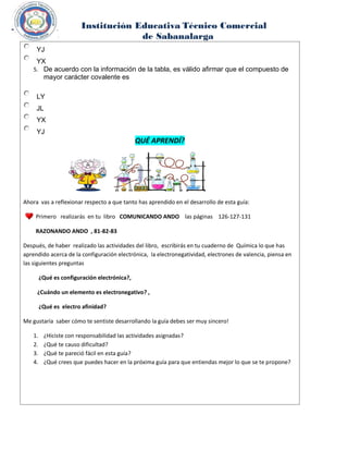 Institución Educativa Técnico Comercial
de de Sabanalarga
YJ
YX
5. De acuerdo con la información de la tabla, es válido afirmar que el compuesto de
mayor carácter covalente es
LY
JL
YX
YJ
QUÉ APRENDÍ?
Ahora vas a reflexionar respecto a que tanto has aprendido en el desarrollo de esta guía:
Primero realizarás en tu libro COMUNICANDO ANDO las páginas 126-127-131
RAZONANDO ANDO , 81-82-83
Después, de haber realizado las actividades del libro, escribirás en tu cuaderno de Química lo que has
aprendido acerca de la configuración electrónica, la electronegatividad, electrones de valencia, piensa en
las siguientes preguntas
¿Qué es configuración electrónica?,
¿Cuándo un elemento es electronegativo? ,
¿Qué es electro afinidad?
Me gustaría saber cómo te sentiste desarrollando la guía debes ser muy sincero!
1. ¿Hiciste con responsabilidad las actividades asignadas?
2. ¿Qué te causo dificultad?
3. ¿Qué te pareció fácil en esta guía?
4. ¿Qué crees que puedes hacer en la próxima guía para que entiendas mejor lo que se te propone?
i
Cuido
 
