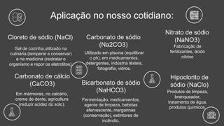 Fermentação, medicamentos,
agente de limpeza, bebidas
efervescente, margarinas
(conservação), extintores de
incêndio.
Bicarbonato de sódio
(NaHCO3)
Aplicação no nosso cotidiano:
Em mármores, no calcário,
creme de dente, agricultura
(reduzir acidez do solo).
Carbonato de cálcio
(CaCO3)
Utilizado em piscina (equilibrar
o ph), em medicamentos,
detergentes, indústria têxteis,
fotografia, vidros.
Carbonato de sódio
(Na2CO3)
Produtos de limpeza,
branqueador,
tratamento de água,
produtos químicos.
Hipoclorito de
sódio (NaClo)
Sal de cozinha,utilizado na
culinária (temperar e conservar)
e na medicina (reidratar o
organismo e repor os eletrolitos).
Cloreto de sódio (NaCl)
Fabricação de
fertilizantes, ácido
nítrico
Nitrato de sódio
(NaNO3)
 