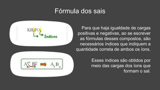 Fórmula dos sais
Para que haja igualdade de cargas
positivas e negativas, ao se escrever
as fórmulas desses compostos, são
necessários índices que indiquem a
quantidade correta de ambos os íons.
Esses índices são obtidos por
meio das cargas dos íons que
formam o sal.
 