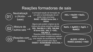 Reações formadoras de sais
A principal reação de formação de
um sal é a neutralização de um
ácido mais uma base.
BASE + ÁCIDO forma SAL +
ÁGUA
Neutralizaçã
o (Ácido-
base)
01
Alguns sais podem originar-se da
mistura de outras soluções salinas.
SOL. SALINA A + SOL. SALINA
B forma SOL. SAL C + SOL.
SALINA D
Mistura de
outros sais
02
Reações entre óxidos metálicos e
ácidos ou bases inorgânicos realizam
uma reação de neutralização, tendo
como produto sal e água.
ÓXIDO + ÁCIDO/BASE forma SAL +
ÁGUA
Reações com
óxidos
03
HCL + NaOH = NaCL
+H2O
NaCL + AgNO3 = AgCL +
NaNO3
AL2O3 + KOA =
KAIO2 (sólido) + H2O
 